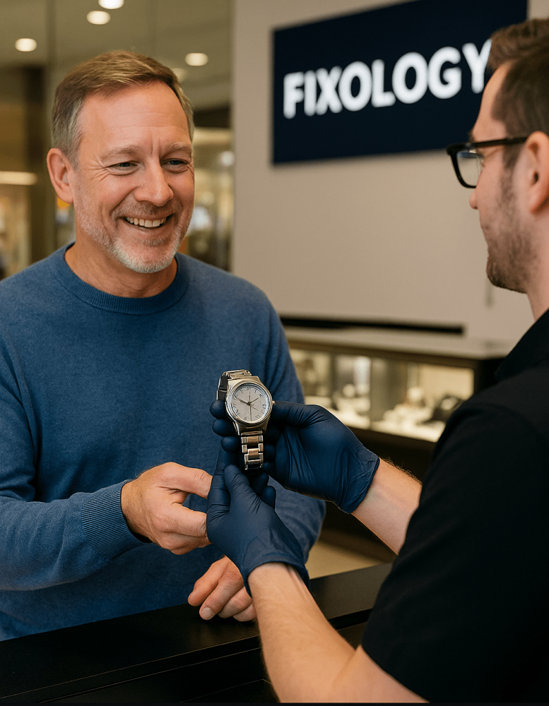 Customer receiving pressure tested wristwatch at MOA Fixology store for blogpost featured image
