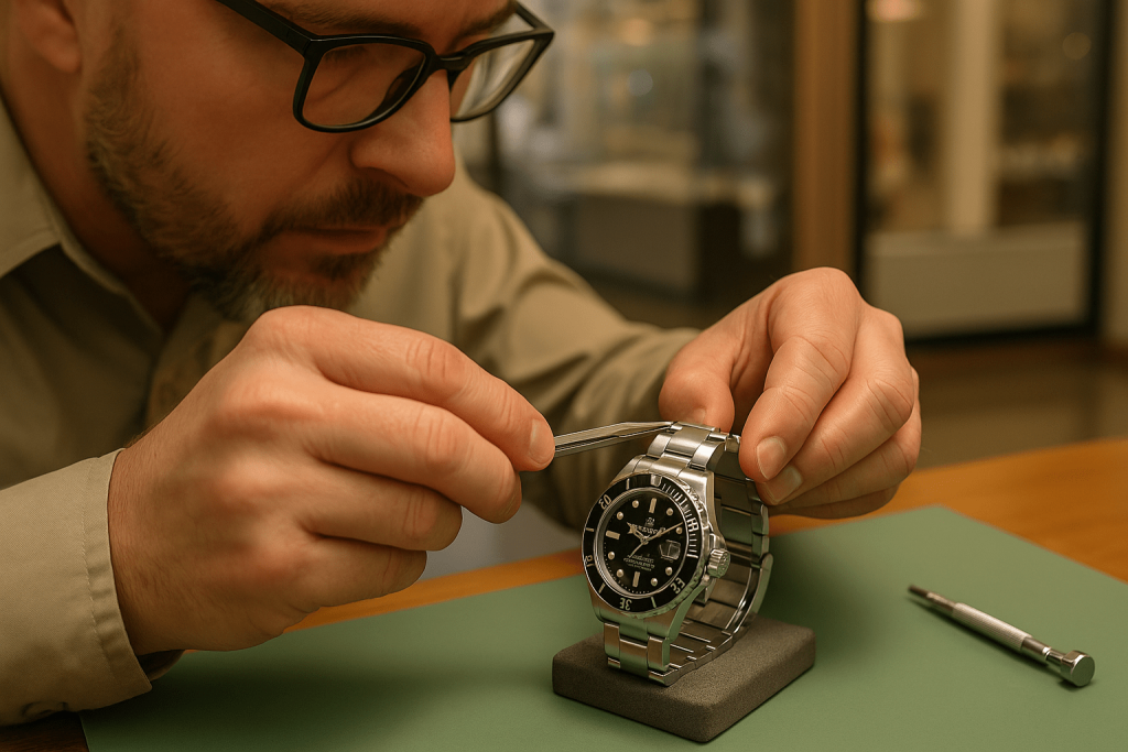 Watch technician adjusting Rolex watch band at Fixology Repair Minneapolis