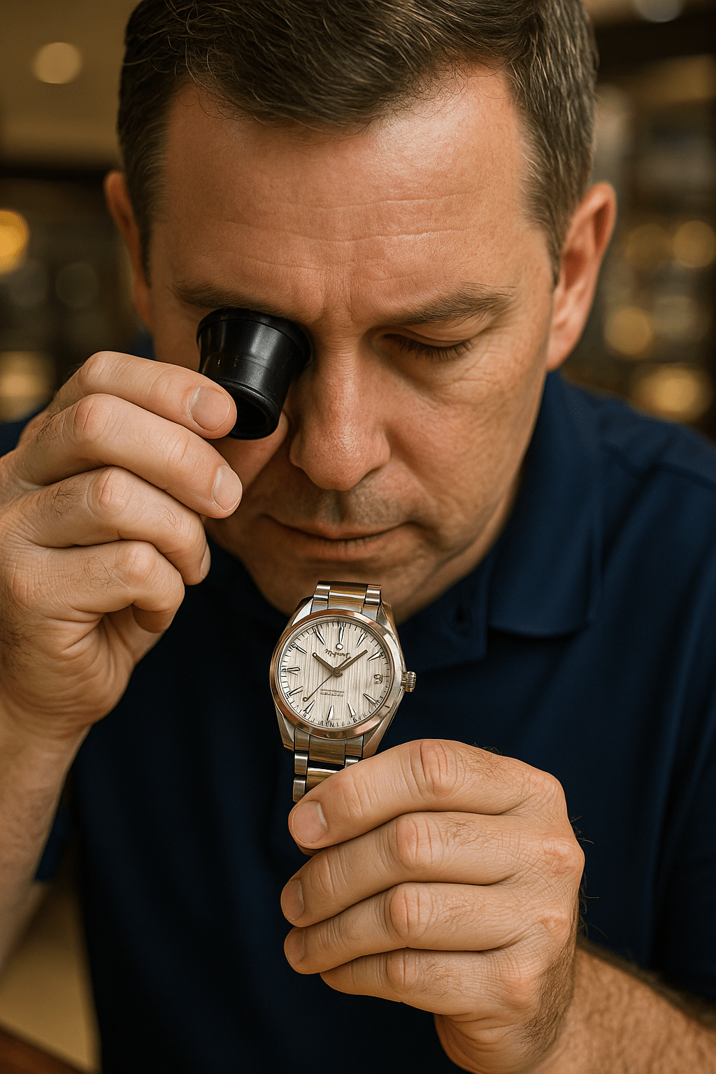 Watchmaker inspecting Omega with magnifier in Jensen Beach