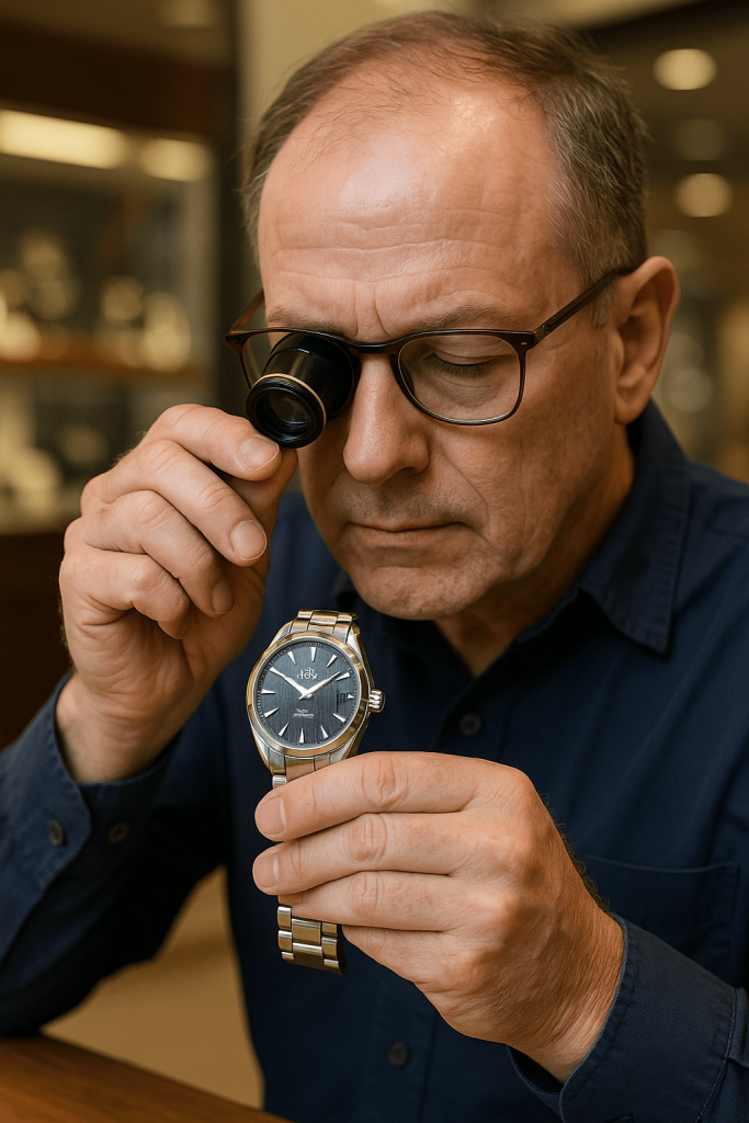 Watchmaker inspecting Omega with magnifier in Mall of America