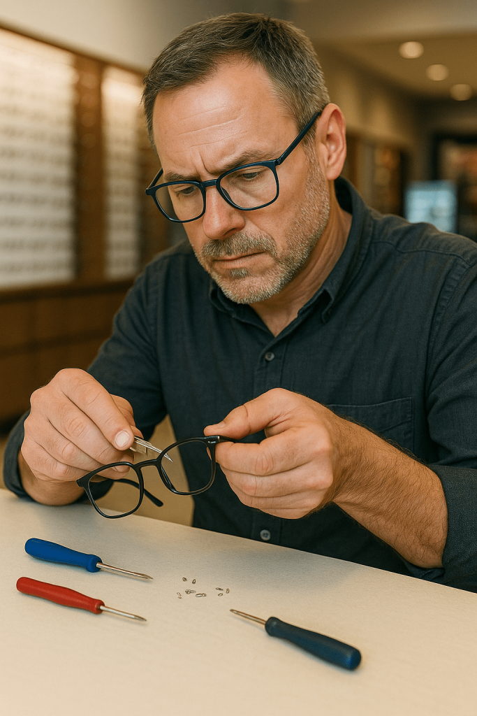 Optician performing eyeglass frame repair in Minneapolis adjusting black glasses at a workbench with small tools and screws