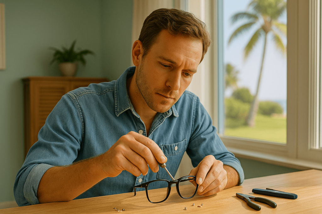 Technician performing eyeglass frame repair in Jensen Beach FL at a sunlit workbench with palm trees visible through the window in the background
