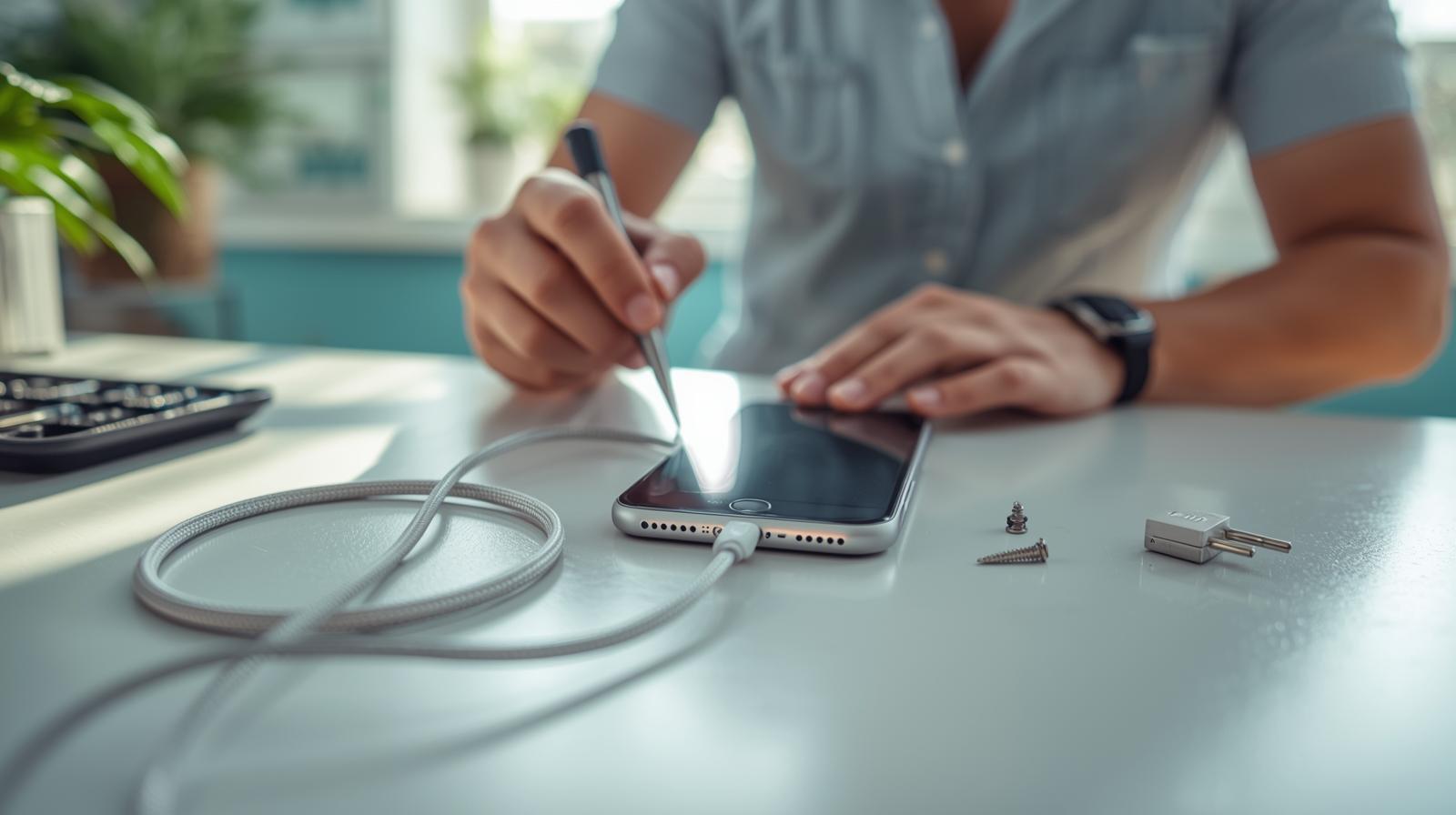 Technician performing iPhone charging port repair Jensen Beach FL at Fixology Repair