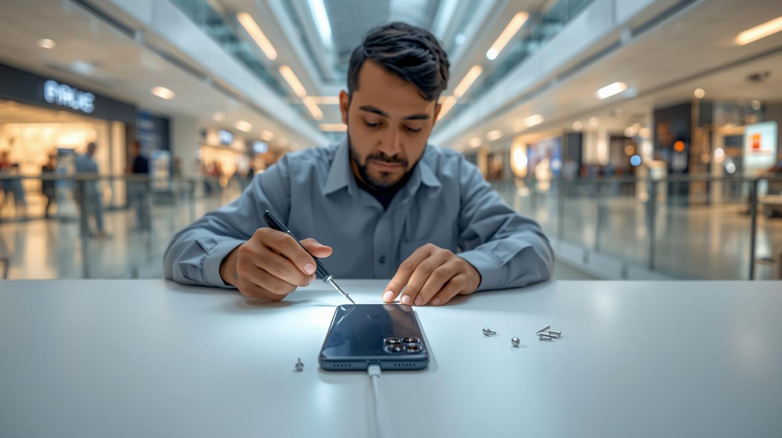 Technician performing iPhone charging port repair Mall of America at Fixology Repair counter