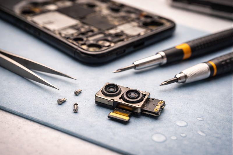 Close up of camera module during phone camera repair in Minneapolis