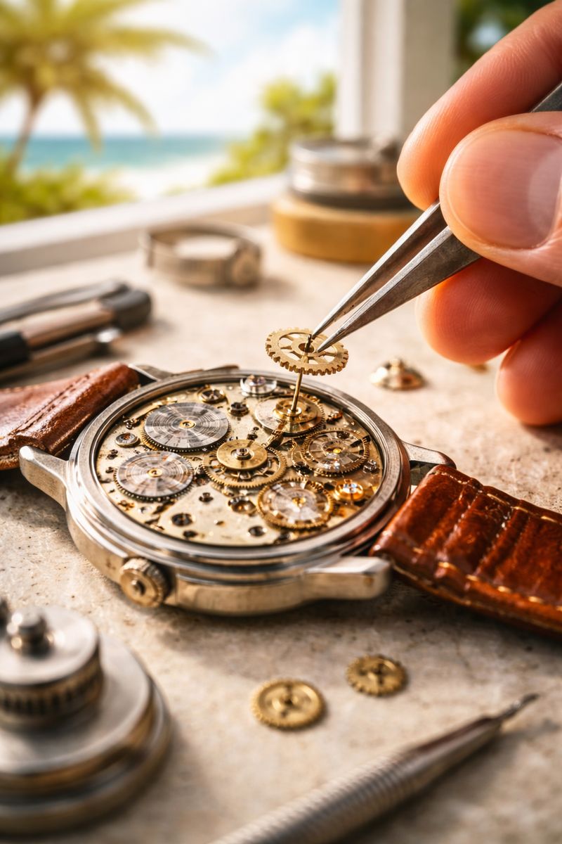 Close up of gears during vintage watch repair on the Treasure Coast