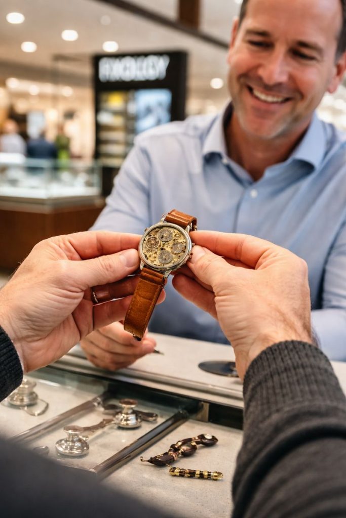Customer receiving restored vintage watch at Fixology Mall of America