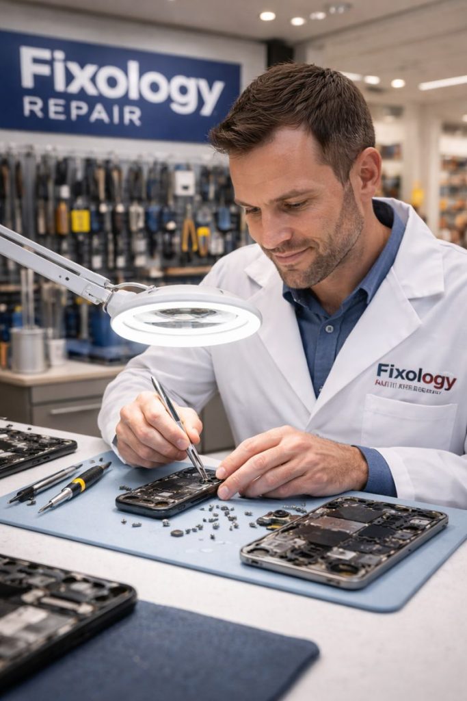 Technician performing phone camera repair Mall of America at Fixology Repair counter