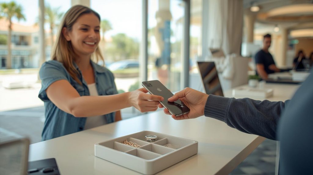 Customer picking up same day device repair Jensen Beach FL at Fixology Repair