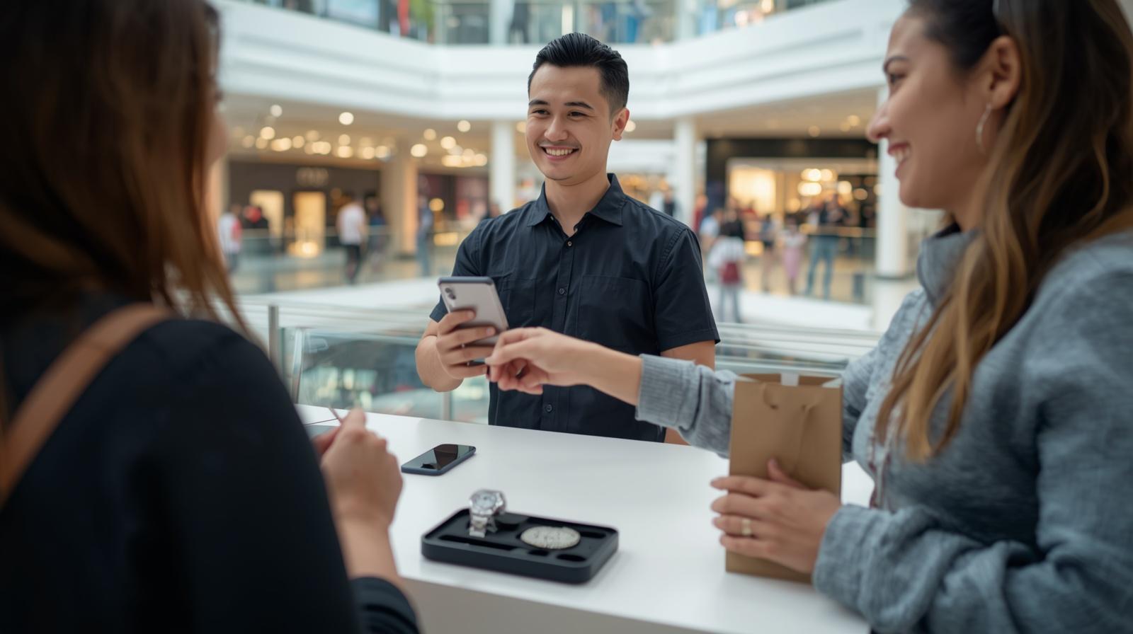 Customer picking up same day device repair Mall of America at Fixology Repair