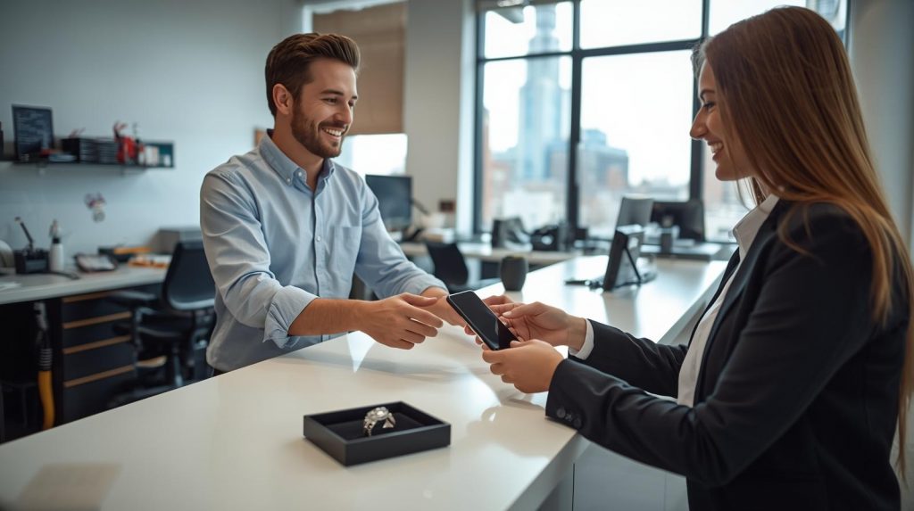 Front counter of Fixology style repair shop with a technician handing a repaired phone back to a smiling customer downtown vibes