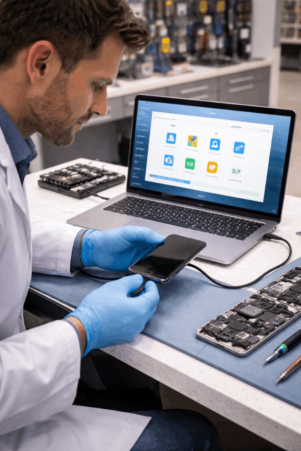 Technician performing phone data recovery Minneapolis at Fixology Repair