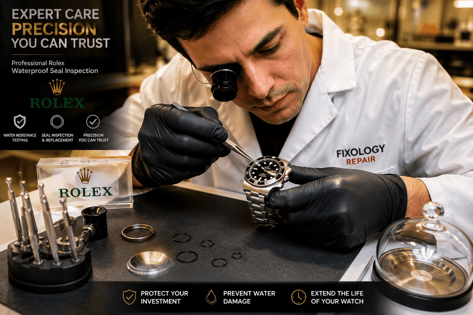 Technician inspecting Rolex waterproof seals